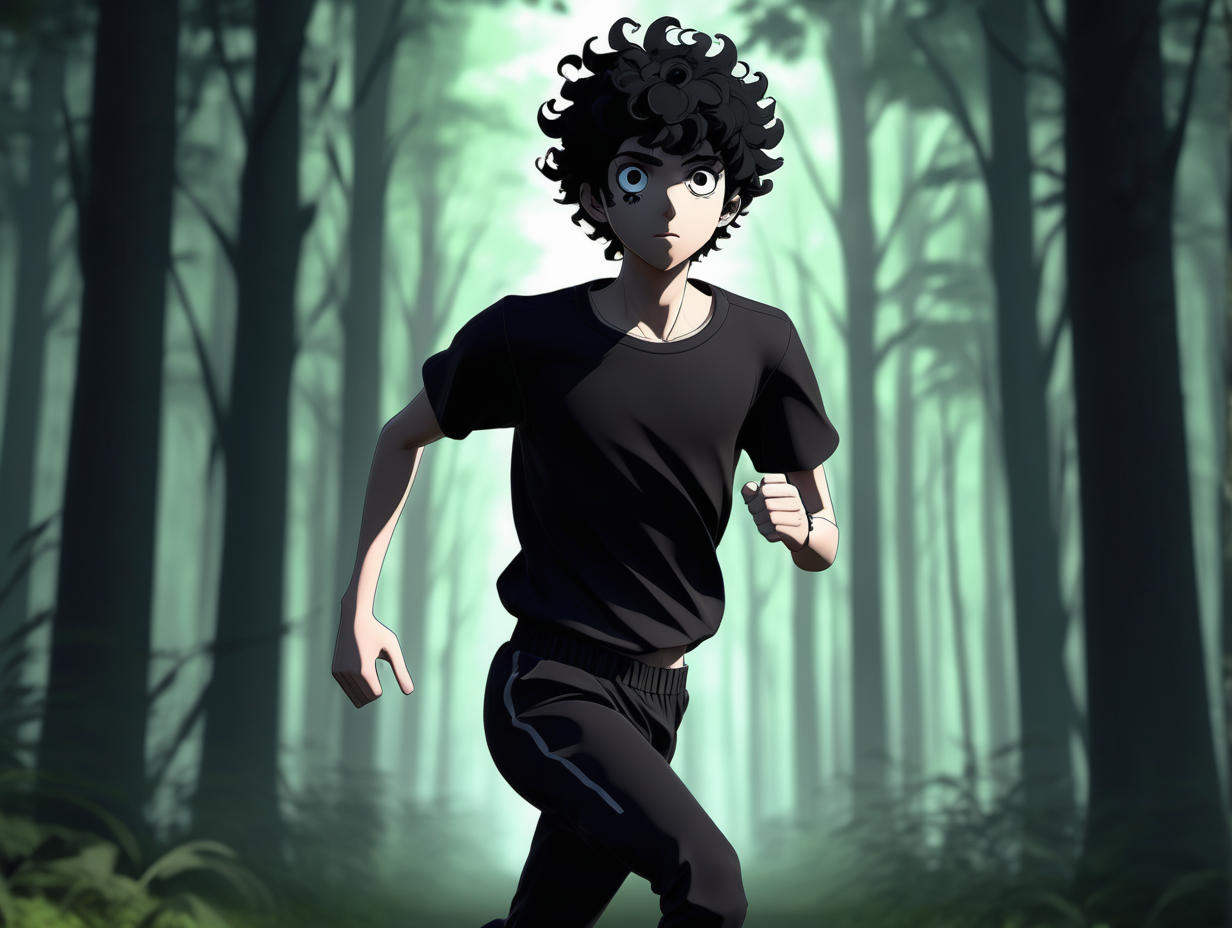 3d, anime, male, running in the forest, running from a dark shadow figure in the background, front view, short black curly hair, black gauge earrings, thick black eyebrows, black eyes, emo, forest low light