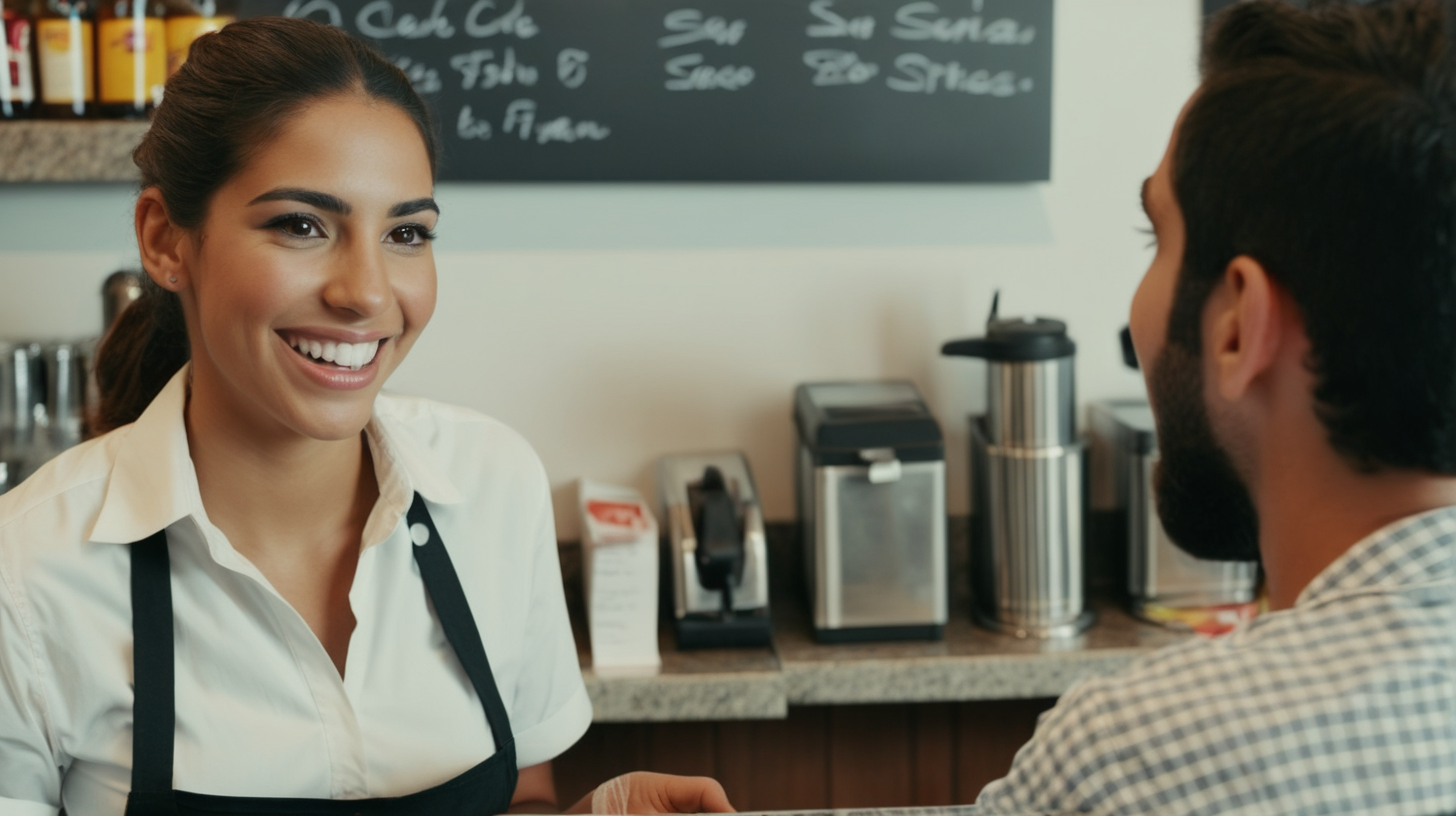 A Latina waitress smiling and speaking to the