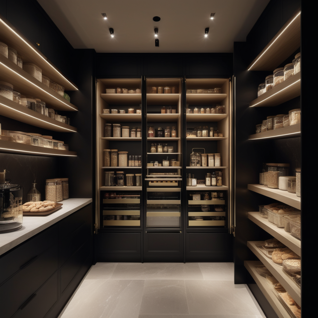 hyperrealistic of an elegant modern Parisian pantry at night; mood lighting;  Limestone flooring; glass canisters of food; beige, oak, brass and black colour palette; --no neighbour houses
