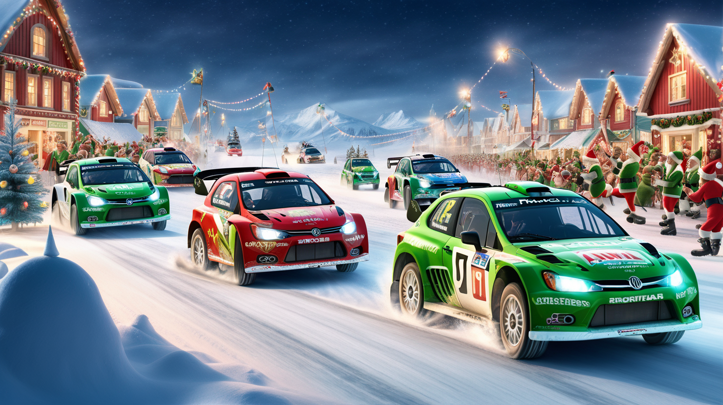 rally cars racing in the North Pole, with christmas lights, while elves cheer them on