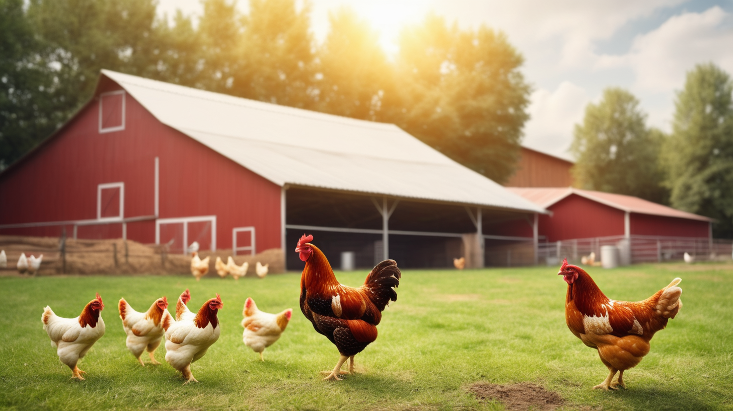 chicken farm barn outside with hen, isolated on background