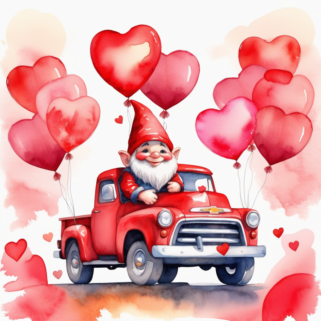 /envision prompt: A watercolor image of, a valentine-themed gnome . The gnome is seen sitting in a red vintage chevy truck surrounded by red heart balloons. The lighting is natural daylight towards sunset. --v 5 --stylize 1000