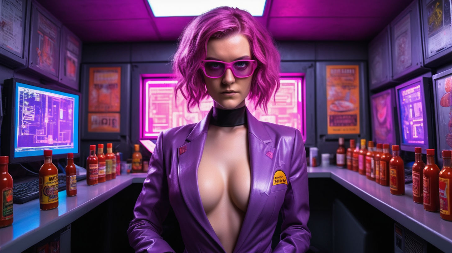 sexy suit Amilyn Holdo loves hot sauces in cyberpunk computer room