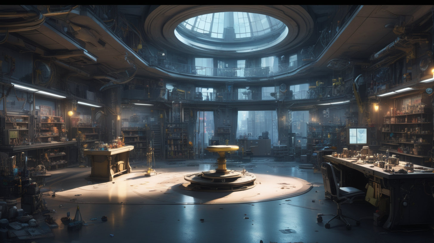 interior location of Arcane movie like VI and Jinx practice scene. Included Items, weapons and toys for jinx. There is a balcony overlooking the Arcane night city. There is a laboratory in the middle of the place. The ceiling of the place is high and spacious. There are also heavy weapons and missiles next to the place. The place is considered old and messy, but it is arranged in the Jinx way. The place took a circular shape. The golden and yellow color dominates the place.