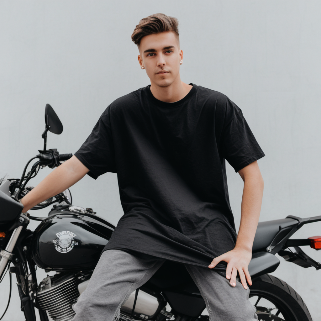 person sitting on motorycle bike showing front with oversized black t shirt that is blank