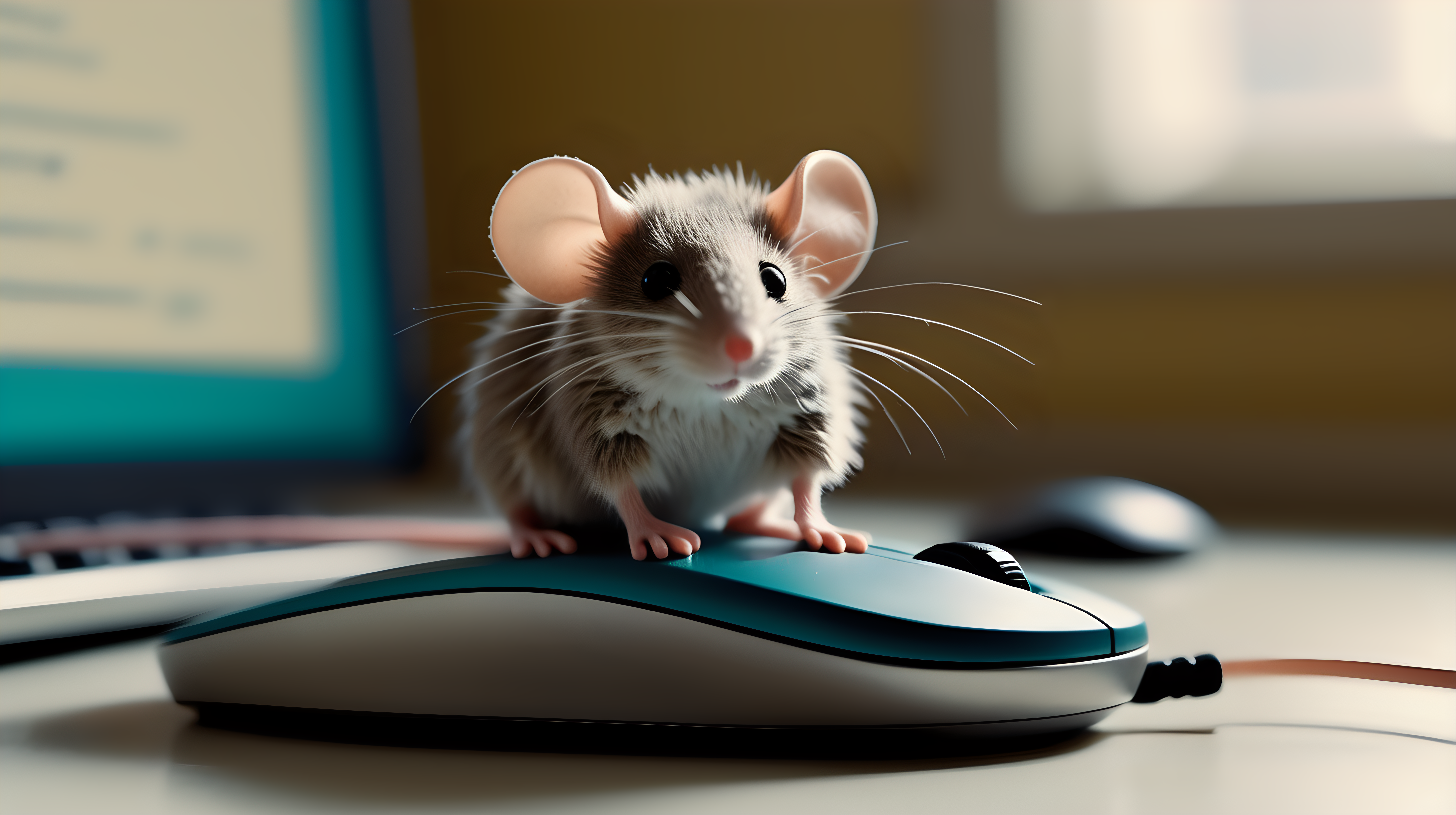 a small, cute fuzzy toy mouse sits on a real computer mouse from the 1990s  in the style of a  wes anderson film