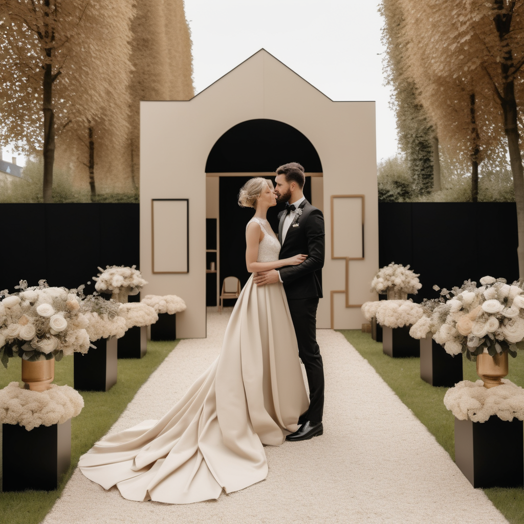 a hyperrealistic image of a grand Modern Parisian garden wedding in a beige oak brass and black colour palette