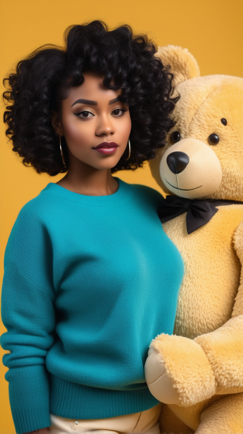  sexy black woman wearing short, curly black hair, wearing Vintage Teal Shaker sweater, wearing cream corduroys, standing next to life size teddy bear, yellow background, 4k, high definition, full resolution, replicated