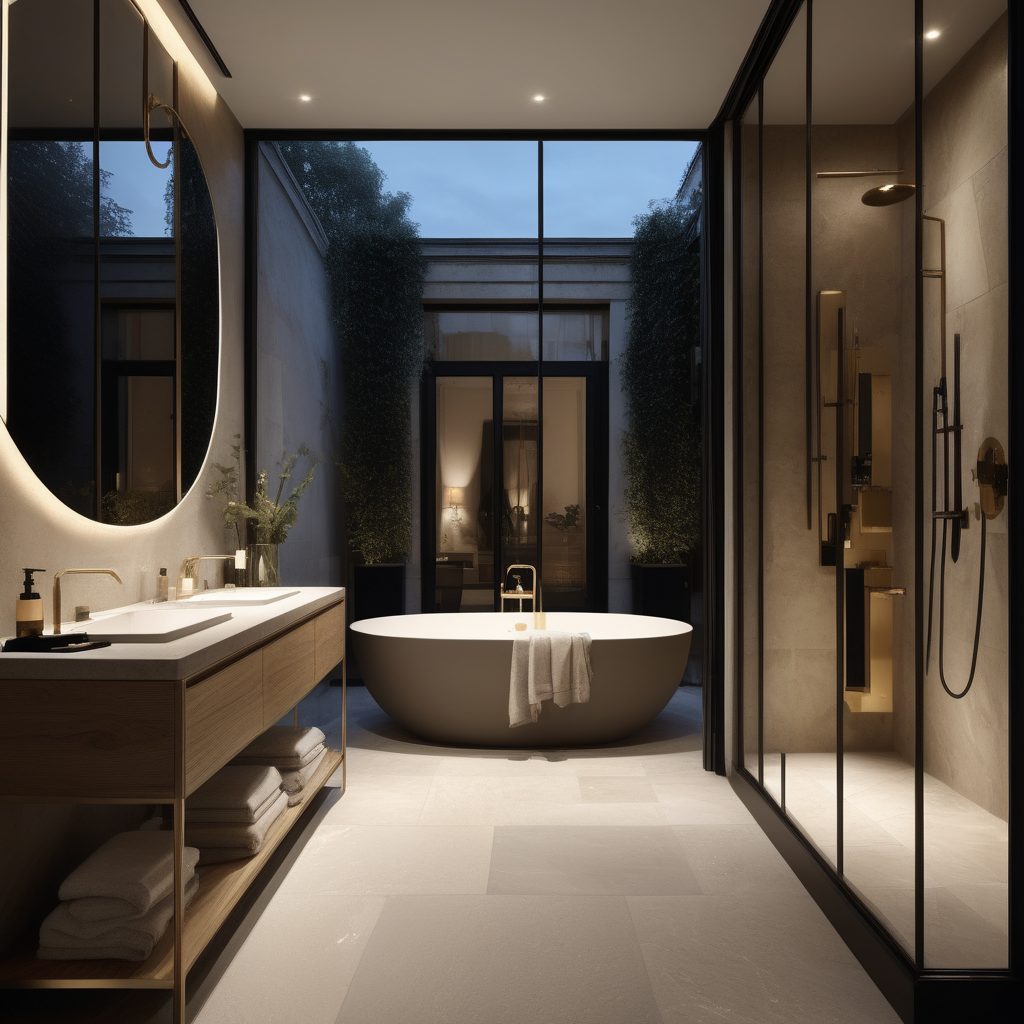 hyperrealistic of an elegant modern Parisian bathroom at night with limestone flooring; large glass windows overlooking the private courtyard with garden beds and limestone flooring; vanity table; glass double shower; curtains; mood lighting; beige, oak, brass and accents of black colour palette; modern brass pendant light --no neighbour houses
