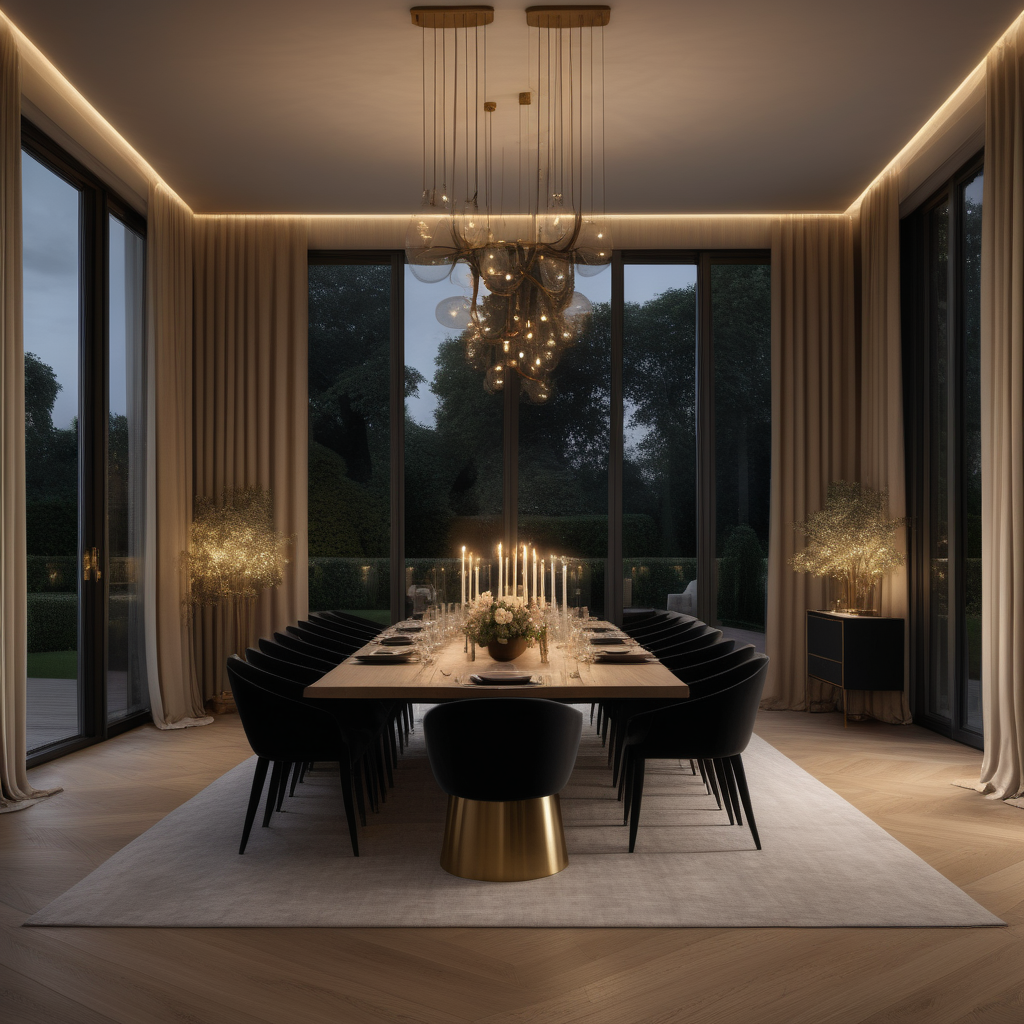 hyperrealistic of an elegant modern Parisian dining room at night at night with table set for 12 people; candles; oak flooring; floor to ceiling windows with a view of the sprawling lush gardens; curtains; mood lighting; beige, oak, brass and accents of black colour palette; modern brass pendant light 
