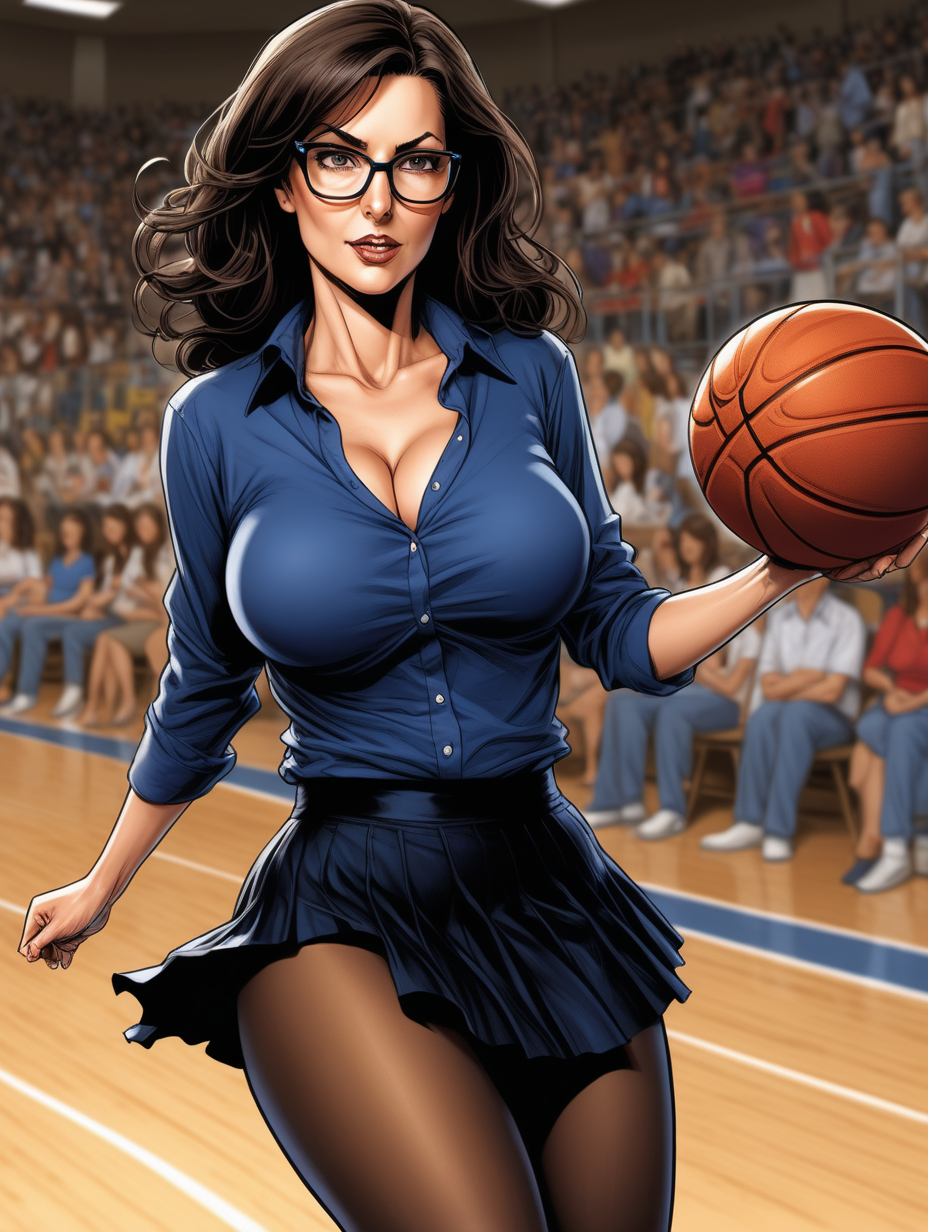 Beautiful, mature, brunette woman, teacher, glasses, ripping [Dark blue]shirt, breasts exposed, seductive [Detailed comic book art style] flowy black skirt, pantyhose,  thighs spread, basketball game