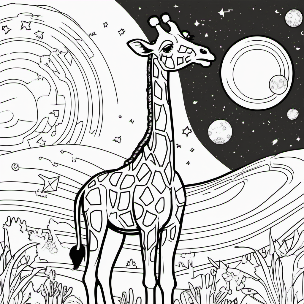 imagine colouring page for kids Giraffe Cosmic Adventure