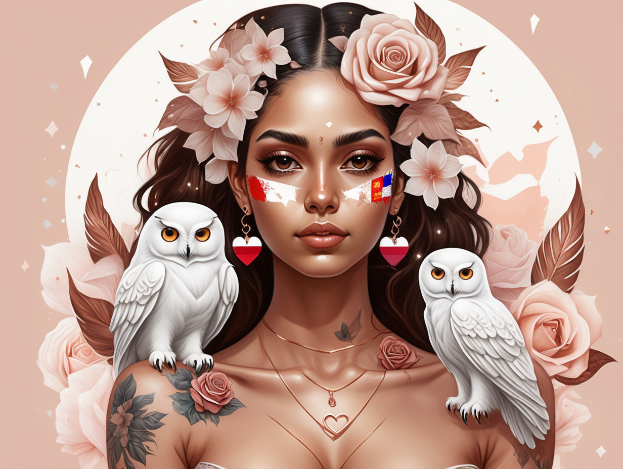 abstract exotic Hispanic 
twelve floating crystal balls in rose gold.
she is wearing a Dominican Republic flag
 looking at a white owl with love she has tattoos and soft color flowers that melt into her hair



