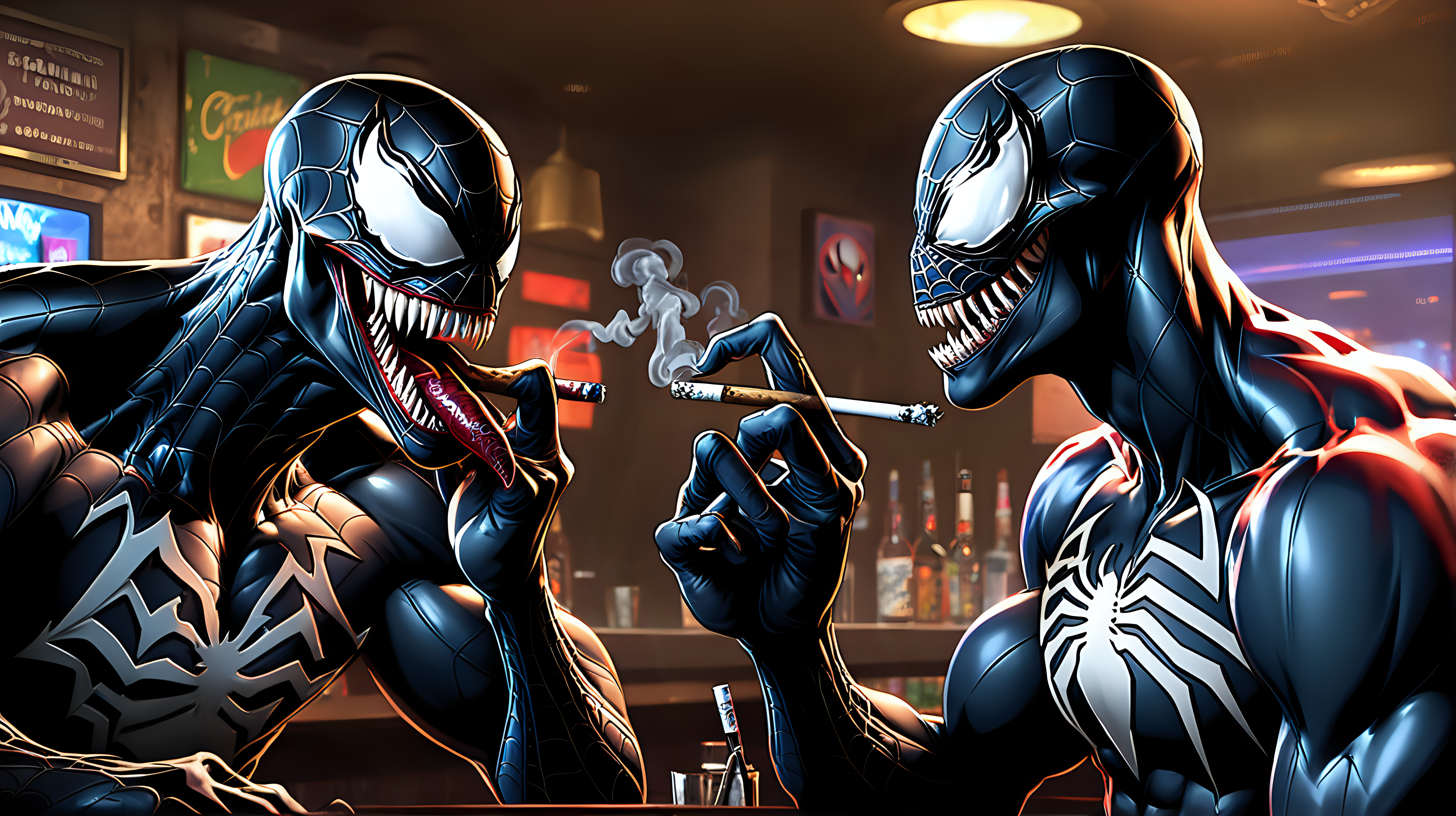 Venom smoking a joint at a bar with Spiderman