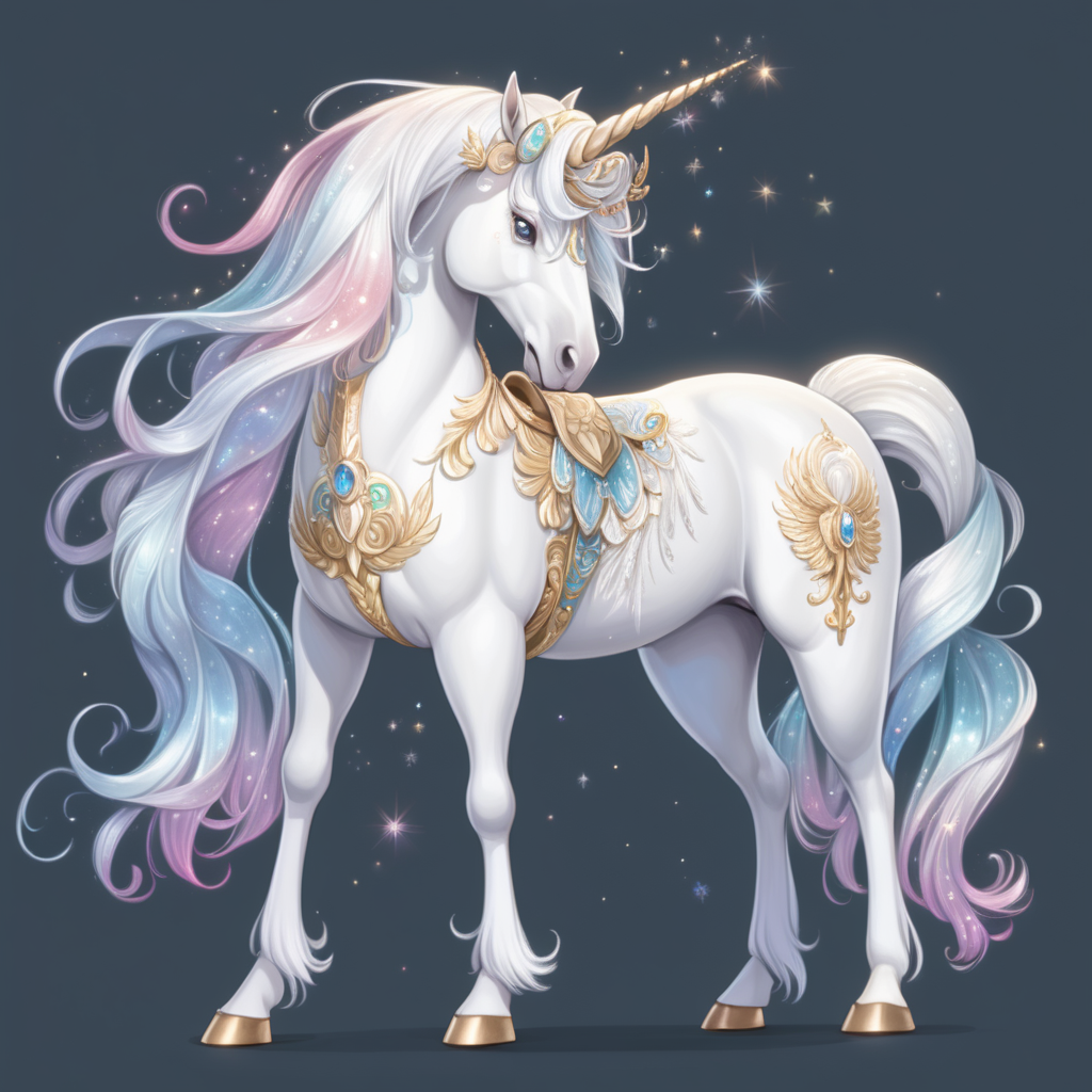 a full body image of a magical white unicorn with a shimmering coat with head bowed down as if to be petted similar to Diana Cooper in anime cartoon style