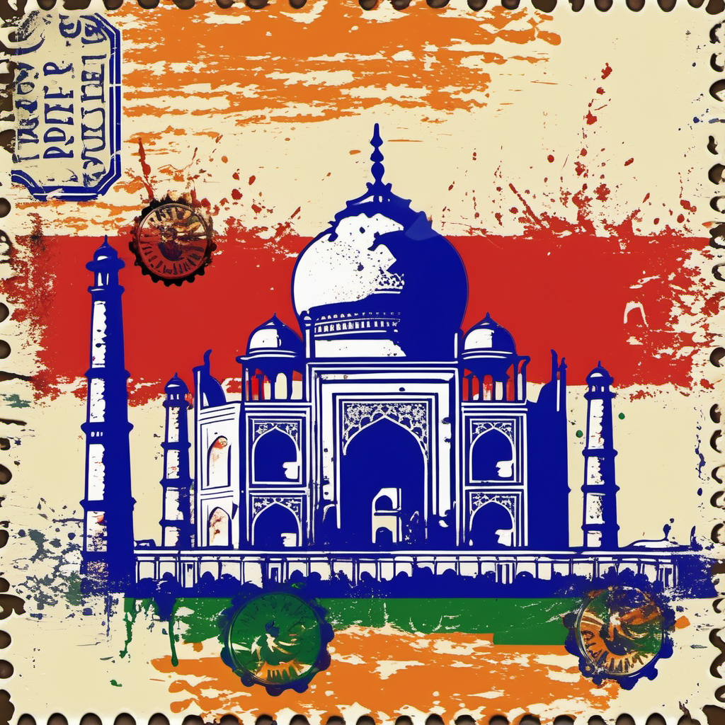 stamp with taj mahal, delhi, indian flag colours, abstract, colourful, disstressed edges