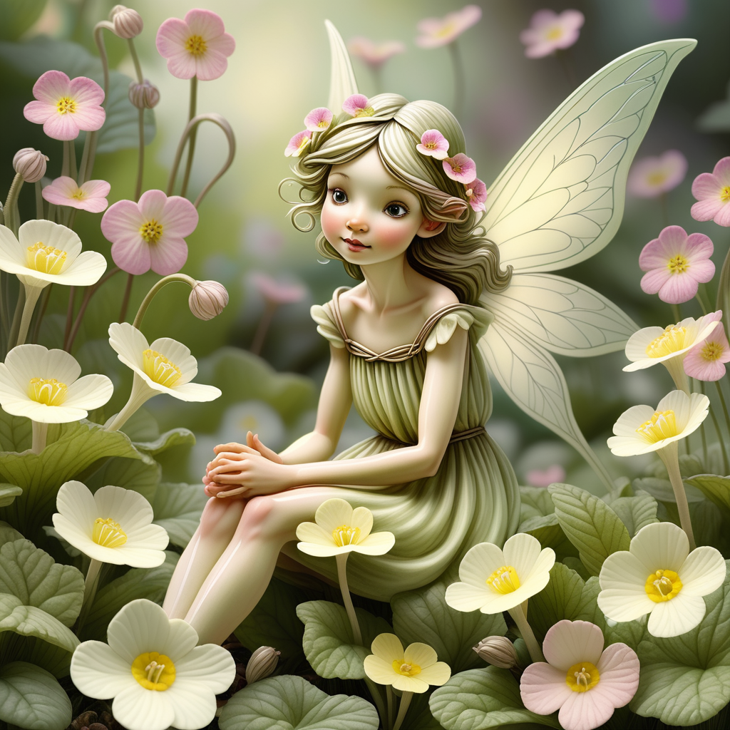 Illustrate a delicate fairy amidst a cluster of