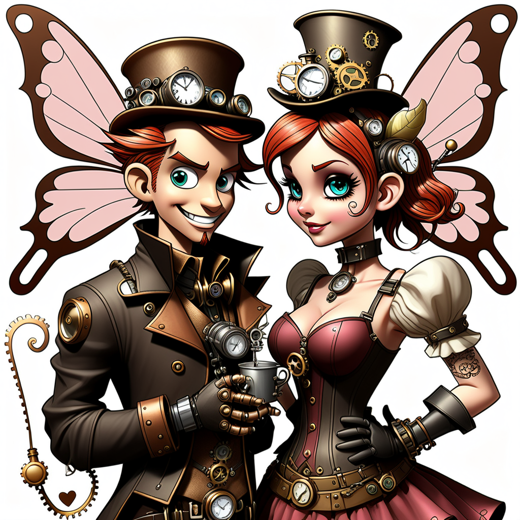 /envision prompt: "Steampunk Fairy Valentines" brought to life in a comic strip with a playful nod to the style of Bill Watterson. Fairies, adorned with steampunk accessories, embark on whimsical adventures in a fantastical clockwork world. Expressions range from adventurous grins to surprised delight, capturing the magic of steampunk romance. --v 5 --stylize 1000