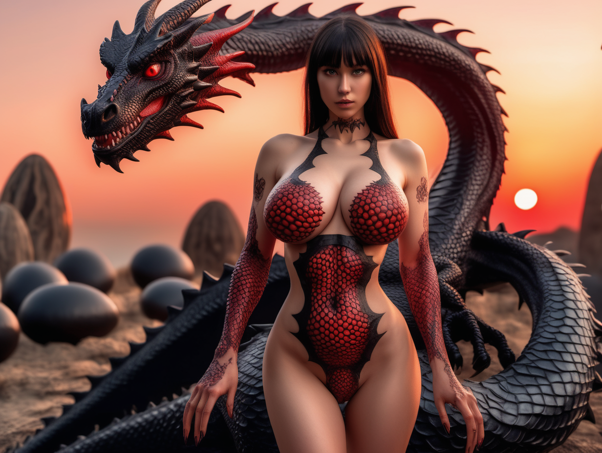 ultra-realistic high resolution and highly detailed adult film photoshoot of a slender female human, with massive firm breasts, red scales growing on her body, she has black draconic symbols on her arms and body, in the sunset guarding black dragon eggs facing the camera
