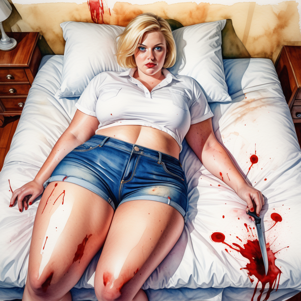 sexy point of vew image from top to bottom by a curvy plus size blonde woman, blue eyes, short hair, wide hips, thick legs,wearing denim shorts and a white tennis shirt with a knife in her hand mounted on a pillow in the room of a house stained with blood, image based in watercolor paint art.