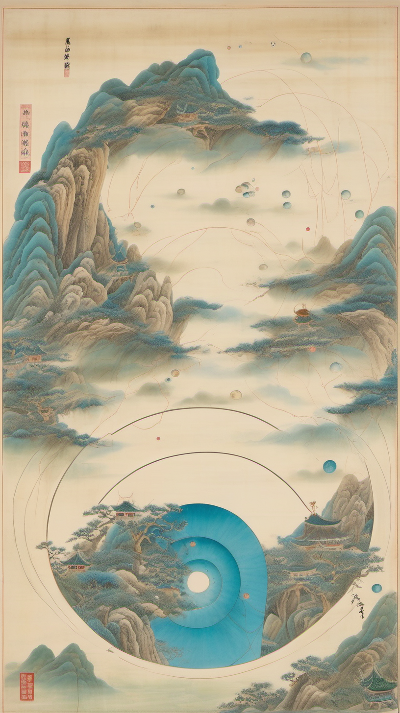Chinese gongbi drawing with traversable wormhole otherworldly scenery