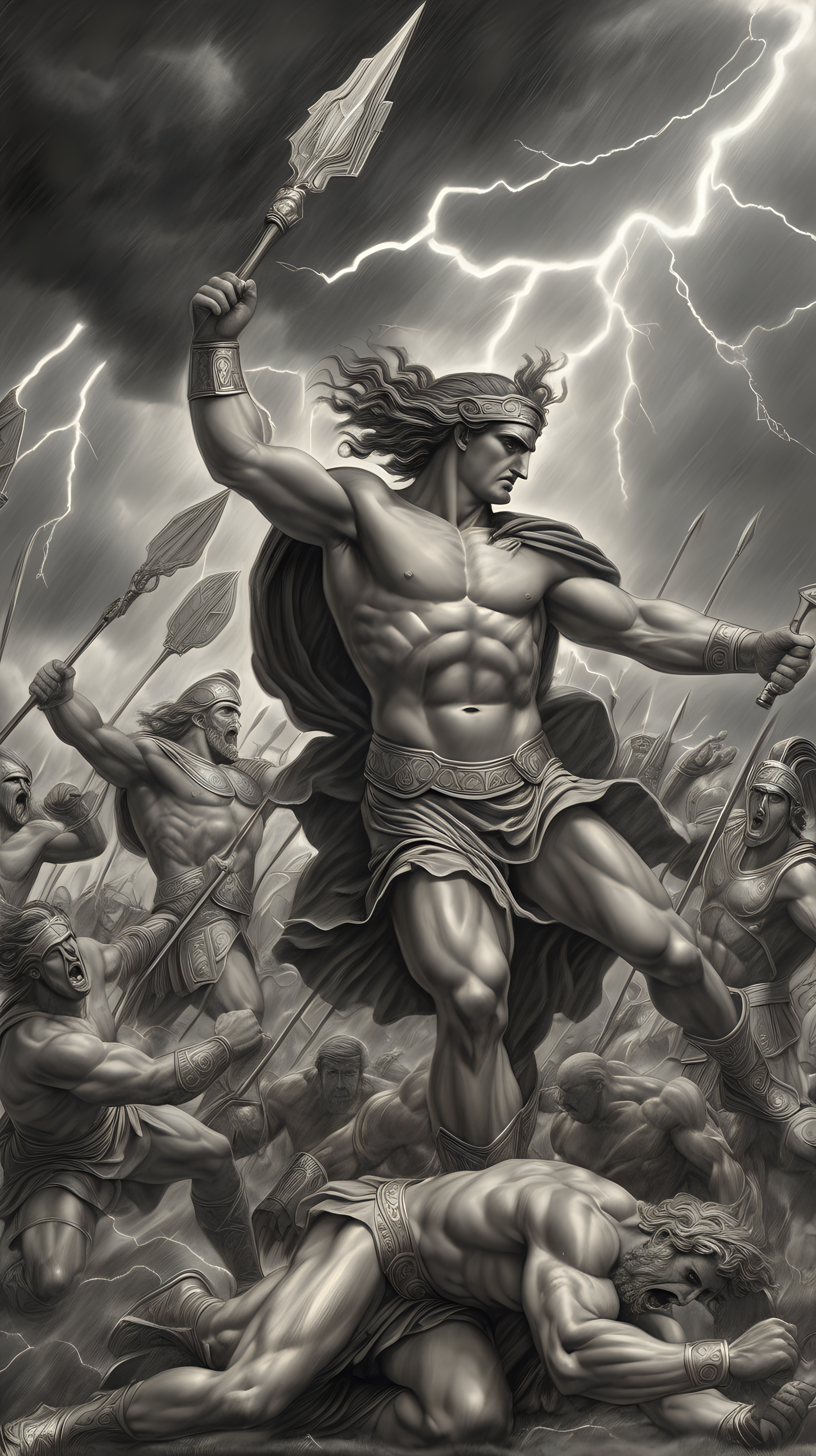 /imagine prompt : a hyper realistic black and gray  drawing, feautering Greek's gods & goddesses greek mytology, titan war scene

-no cut
<background>thunder and lightning
<style>pencil drawing
_ar 9:16