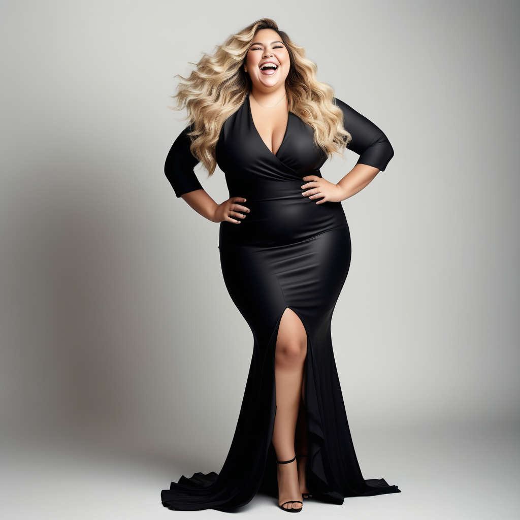 full body image of a plus size female Latina model in long dimensional wavy blonde balayage hair posing and laughing in black upscale attire