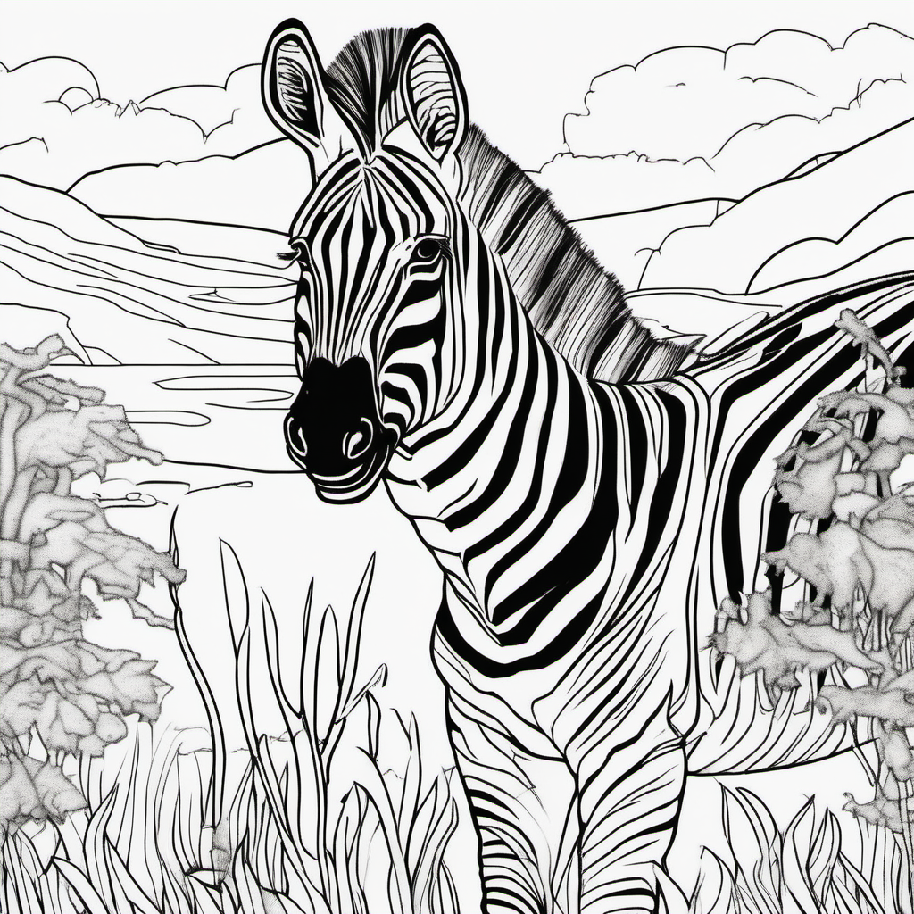/Imagine colouring page for kids, Zebra with white eyes ,  Thick Lines, low details, no shading --ar 9:11, fit on A4 page