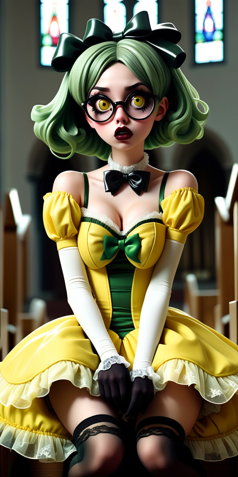 Anime woman with dark green hair and large lips with glossy dark brown lipstick and heavy makeup wearing a frilly yellow ball gown, black stockings, glossy yellow heeled mary jane shoes, lots of bows and lace, wearing glasses. Nervous expression. Sitting nervously in an empty church