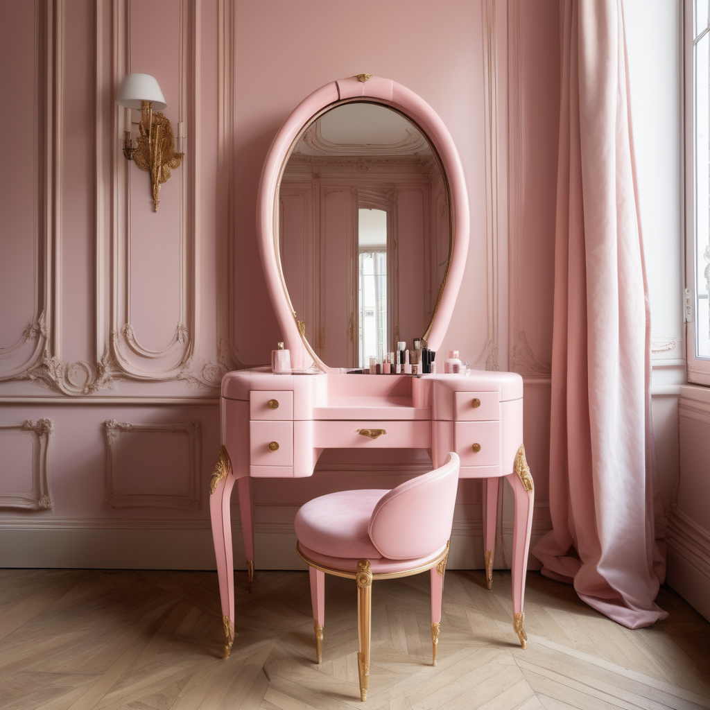 a hyperrealistic image of a modern Parisian  vanity table  in dusty rose, beige and brass 
