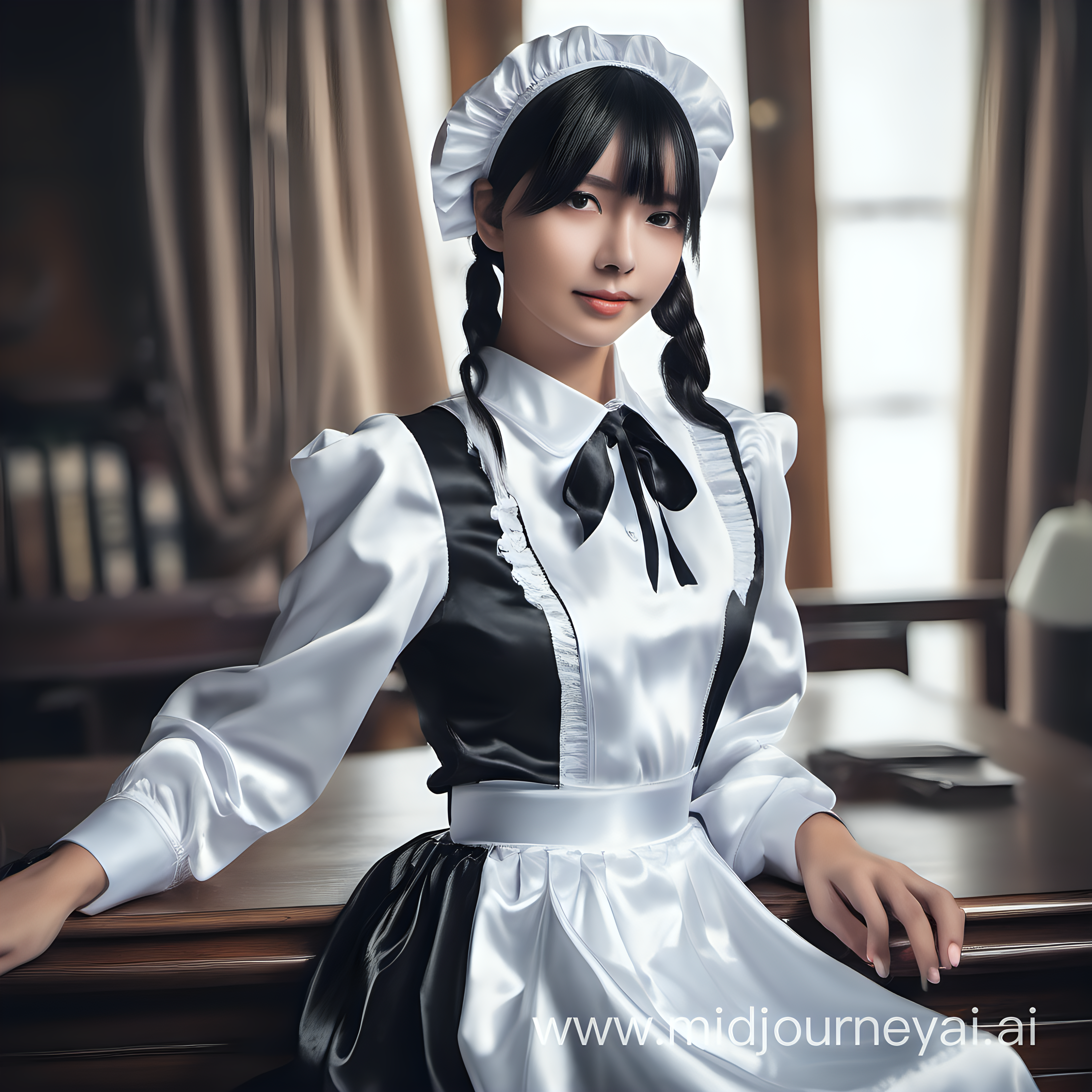 Girl in satin long maid uniforms