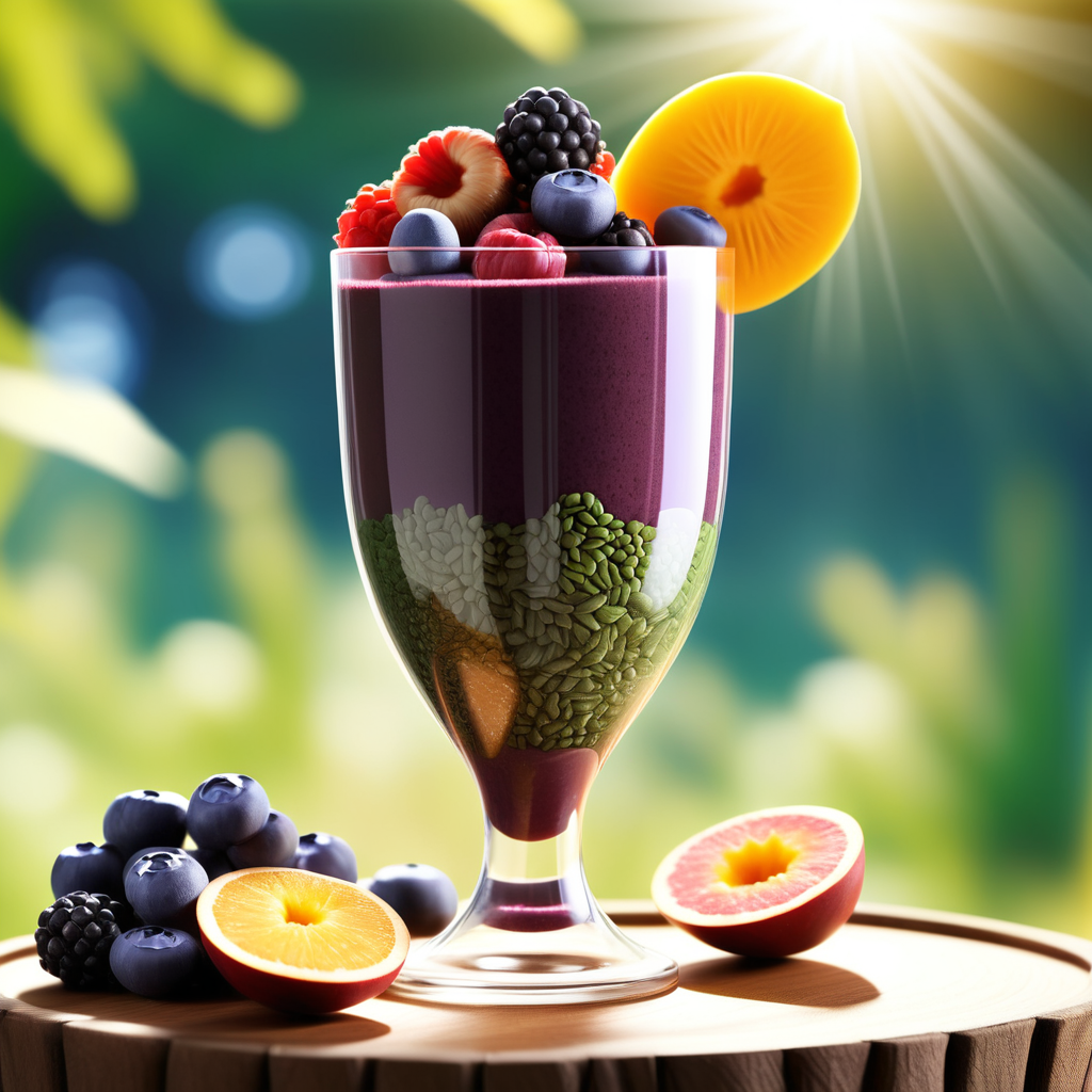 a high-quality blend of superfoods in a glass cup, surrounded by sunny nature