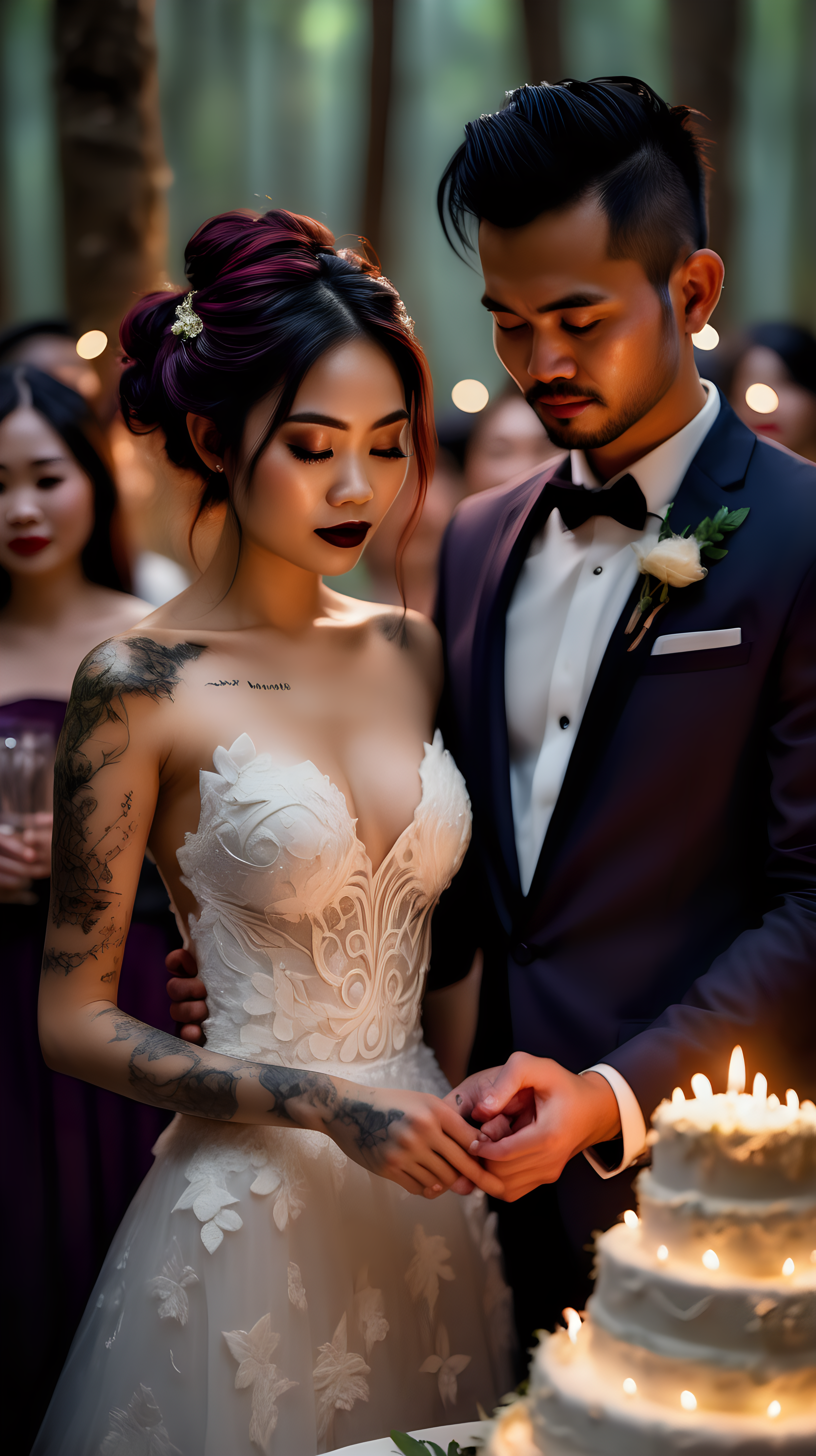 Beautiful Vietnamese woman, body tattoos, dark eye shadow, dark lipstick, hair in a messy updo, wearing a gorgeous wedding dress, bokeh background, soft light on face, holding hands with handsome husband cutting the beautiful wedding cake together, surrounded by wedding guests, in an elaborate candlelit forest wedding, photorealistic, very high detail, extra wide photo, under the moonlight