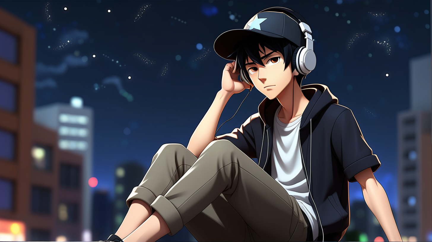 Late one night, young anime man is sitting relaxed in the city, using a hat and headset, black hair, modern clothes, background with a beautiful night sky with lots of stars, simple full color, high quality, lively eyes, dark, gloomy, dark color, natural eyes, hd, hyper realistic,