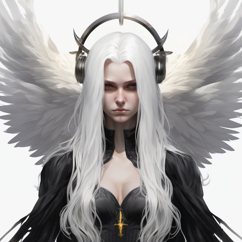 menacing young female archangel with long white hair, dressed in black.