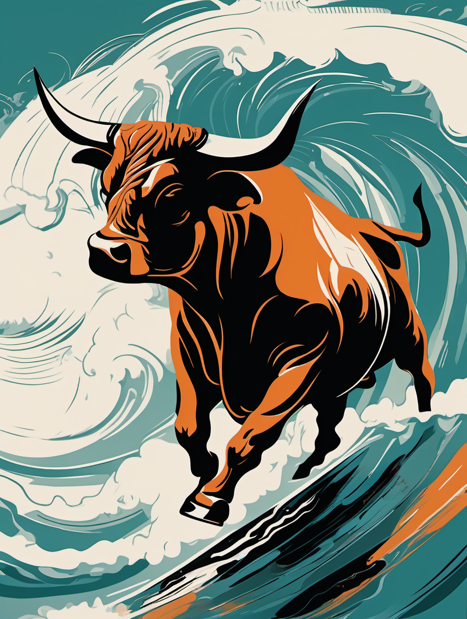 abstract art of bull without cowboy riding a wave