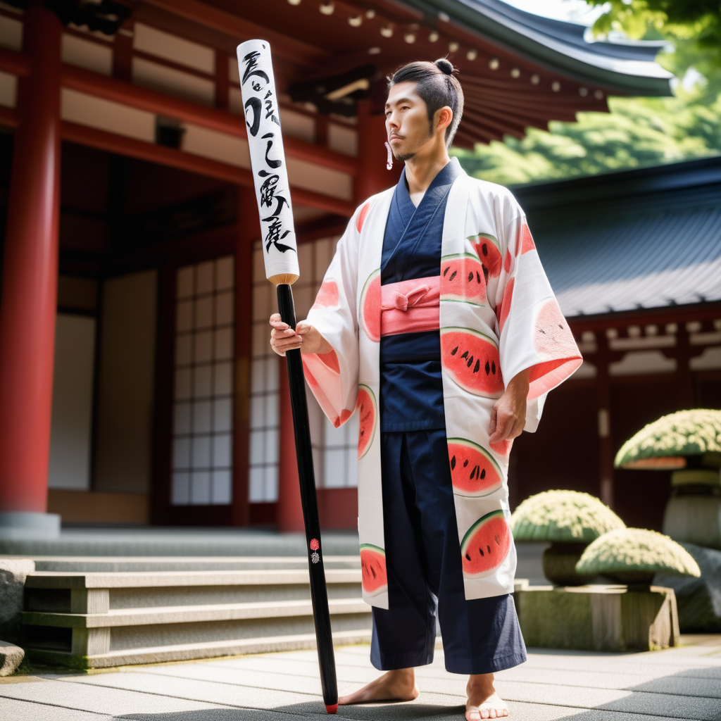 fit Japanese man, giant fude calligraphy brush bo staff, yukata with watermelon motif, Japanese temple, day