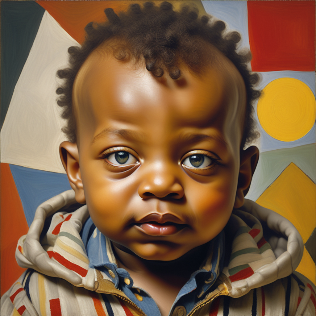 one cute African American baby boy with bright eyes and a warm smile close up by painter Lucian Freud. in front of an abstract background with lots of vibrant symbols by Paul Klee. all clothes with vibrant abstract images and patternsby Paul Klee, atmosphere is Caravaggios chiaroscuro --stylize 50 --v 5.2