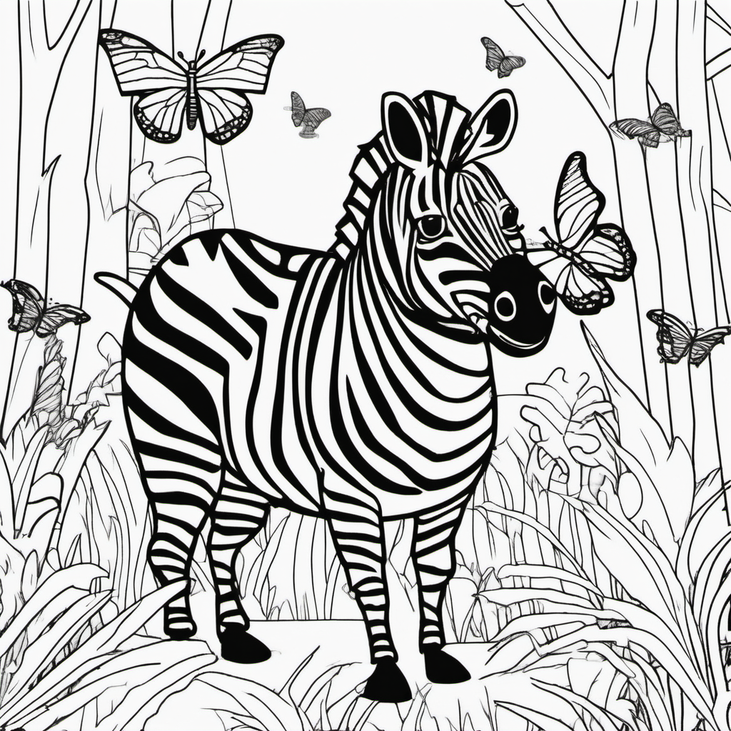 /Imagine colouring page for kids, Zebra rex in a jungle with butterflies, cartoon style, Thick Lines, low details, no shading --ar 9:11