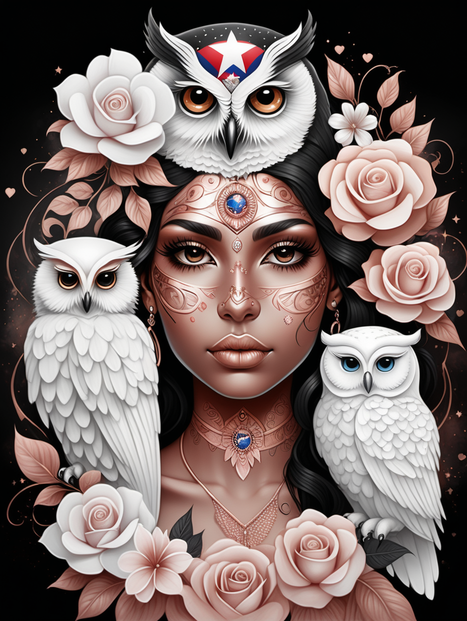 abstract exotic black, white and hispanic skin with floating crystal balls in rose gold wearing a Puerto Rican flag looking at a white owl with love she has tattoos and soft color flowers in there hair