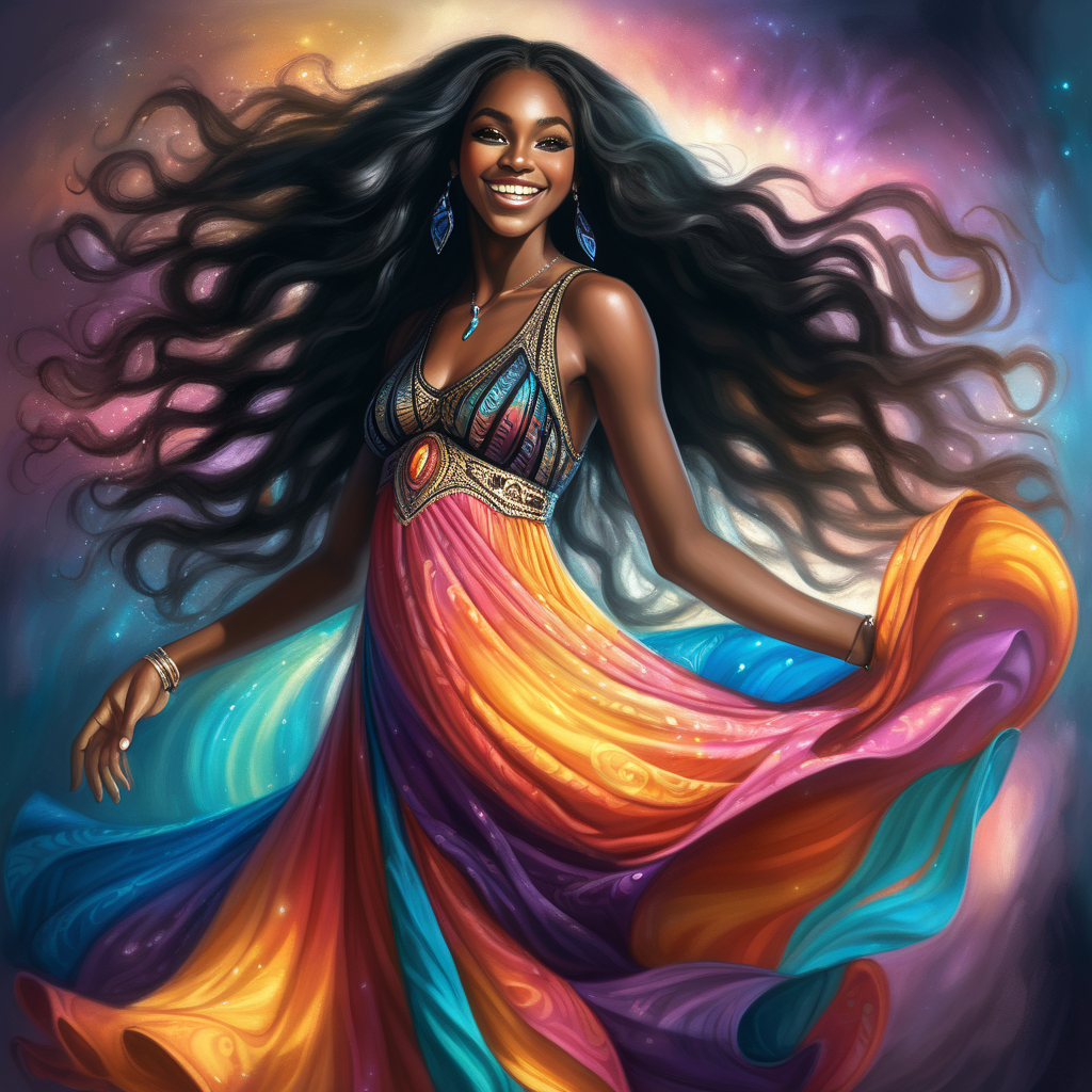 Beautiful dark skin black woman with long hair