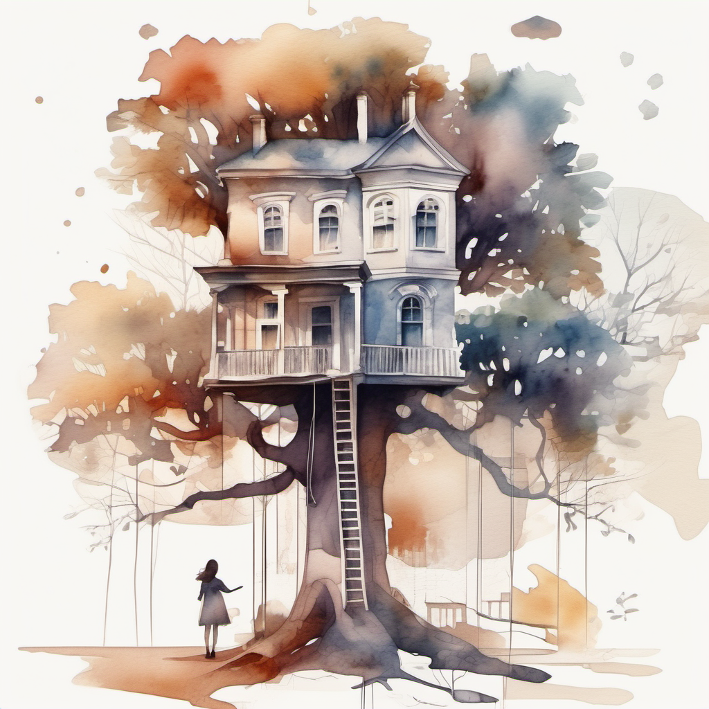 Old house in abstract tones above the fig tree, a shelf on the branches of the tree, around it there are normal houses without roofs and different trees, there is a girl in front of the tree house, illustration abstract graphic design in watercolor form
