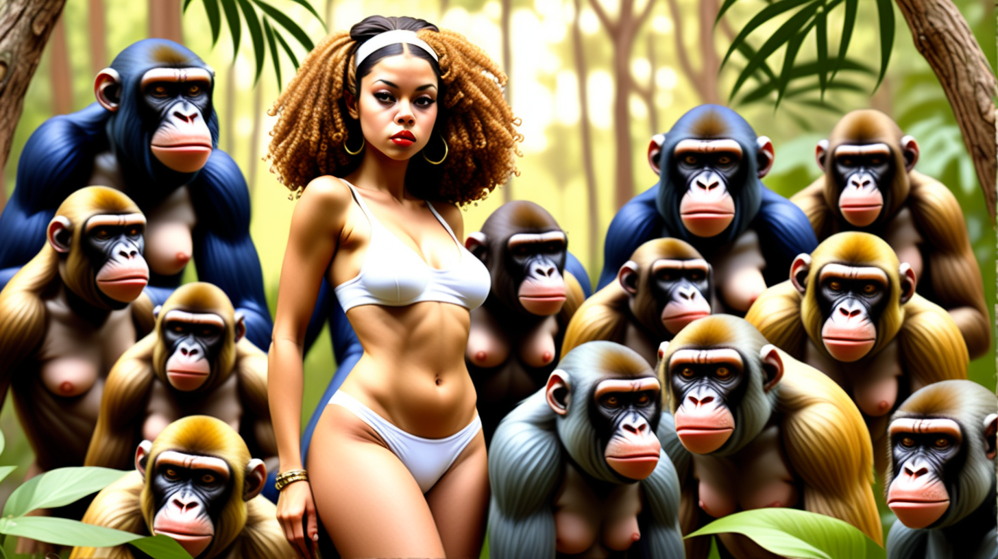 Mujer mulata estilo milo manara vestida del real madrid rodeada de simios.fondo selvático.