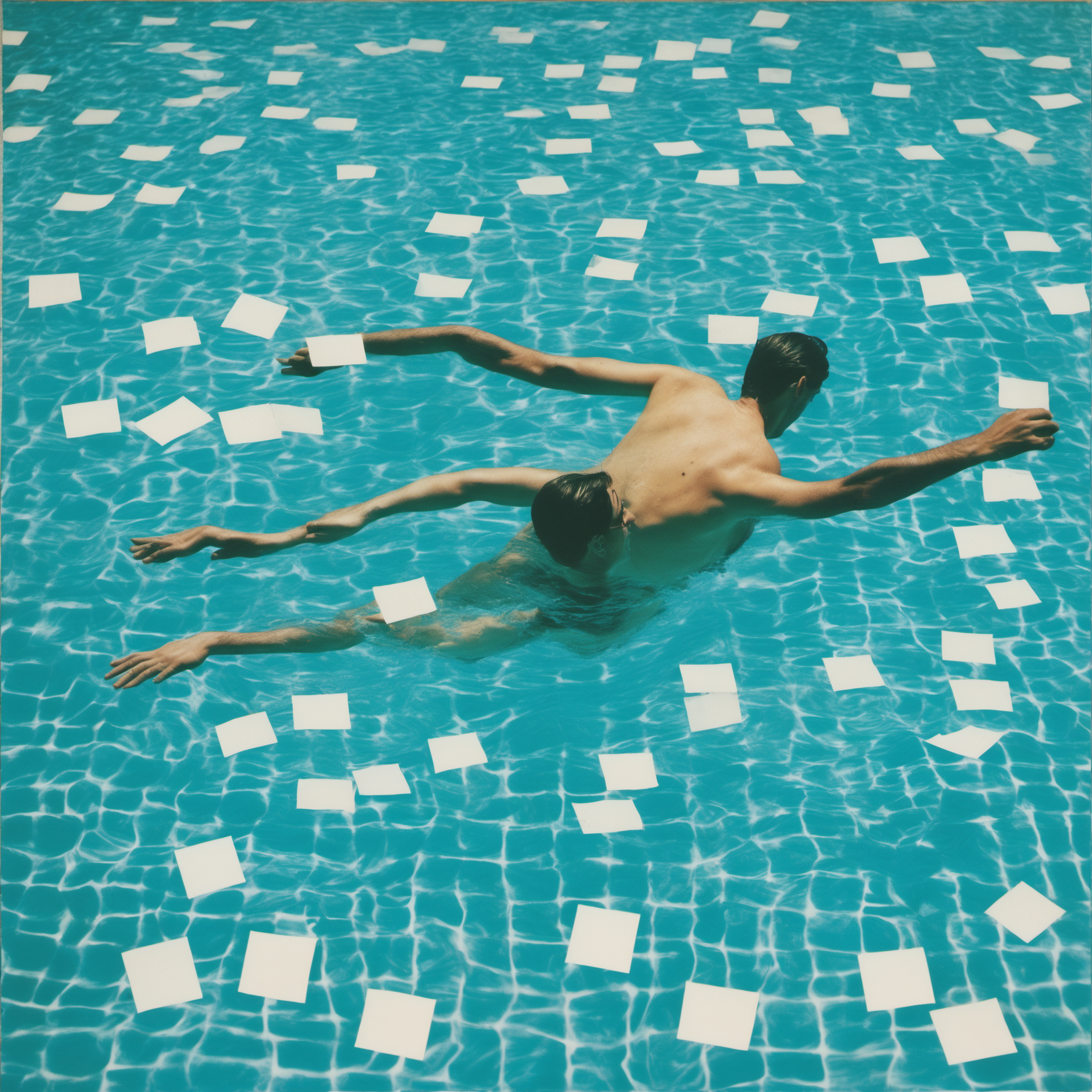 [david hockney] fotografie wie bild, collage aus vielen quadratischen polaroid-fotografien, mann schwimmend in swimming pool, blaues wasser, mittelformat, asa 50, blende 32