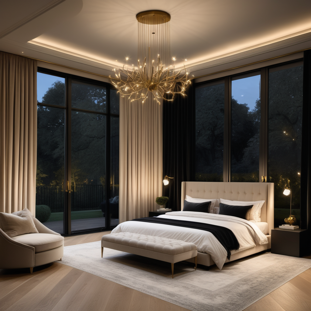hyperrealistic of an elegant, paltial modern Parisian master bedroom at night with king bed; oak flooring; floor to ceiling windows with a view of the sprawling lush gardens; curtains; mood lighting; beige, oak, brass and black colour palette; modern brass pendant light; rug; modern glass fireplace;
