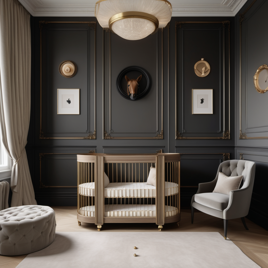 hyperrealistic image of an equestrian-inspired modern Parisian large nursery with an Aristot velvet button bassinet; wall panelling; beige, oak, brass and dark-grey colour palette