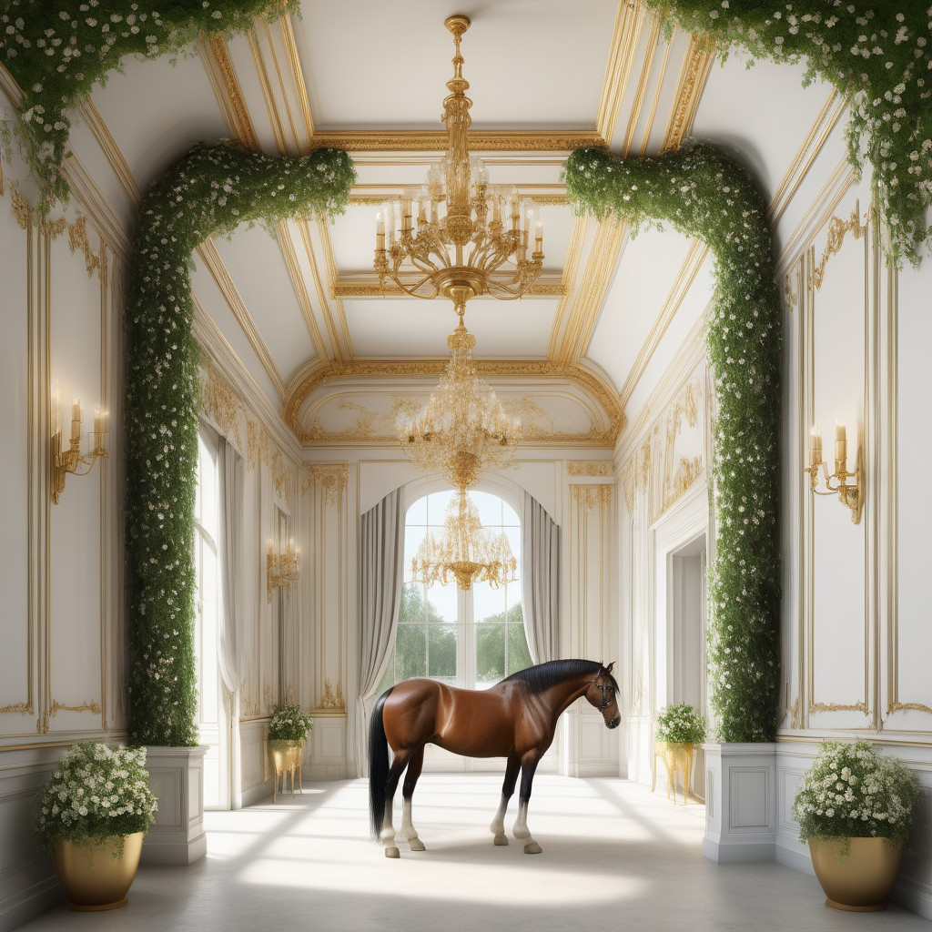A hyperrealistic image a grand Modern Parisian etsate elegant large open horse stables with clydesdale horses, star jasmine vines, brass chandeliers, 
