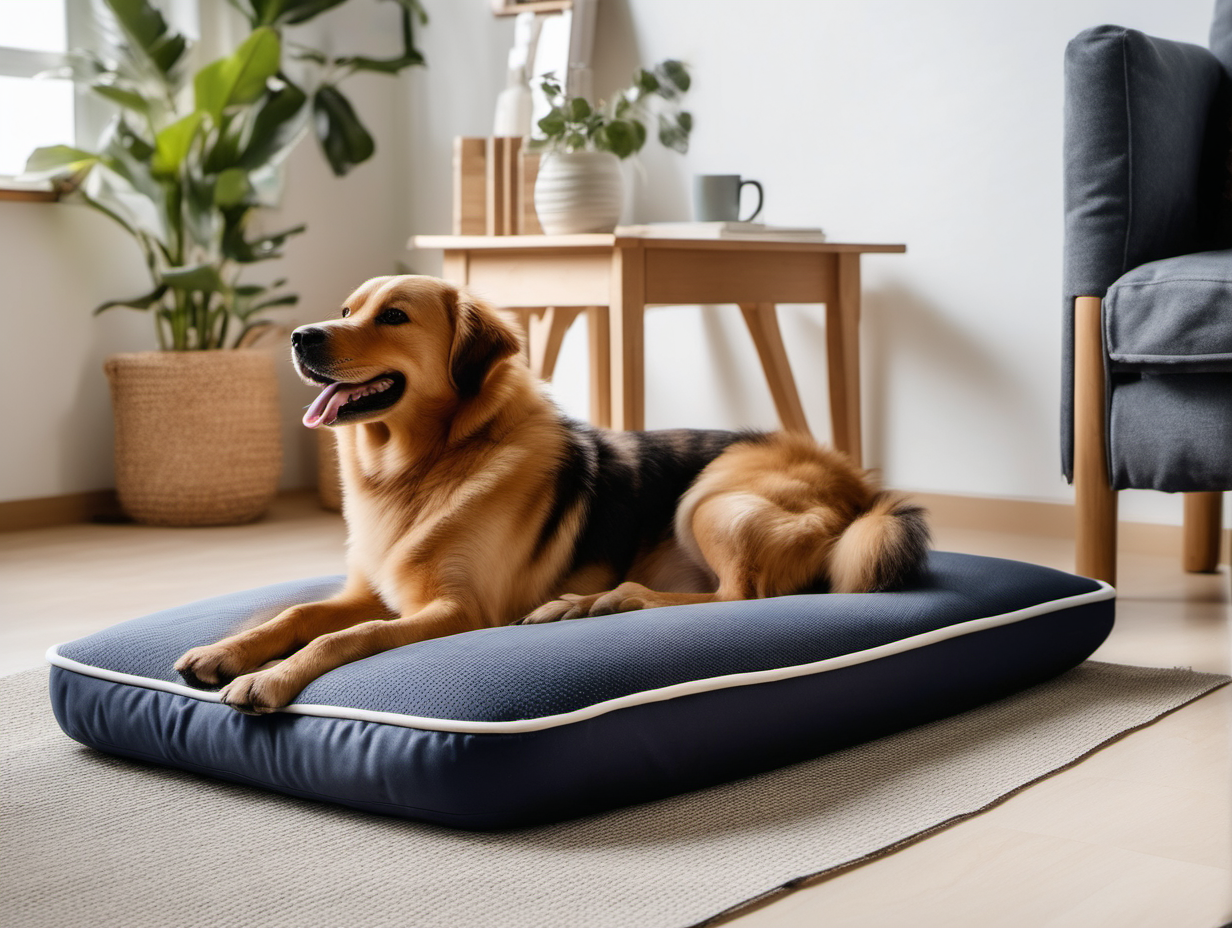 Create an image of a dog relaxing on the soft, flat, thin dog mattress in the living room. The matters shape is oval,   the color is navy. The dog is young, of a large size, looks happy and relaxed, with the tongue out, laying on the cover sideways to the camera, looking to the right, turned away from the camera. The color of dog is beige. The room is sunlit, the weather outside is bright and sunny.