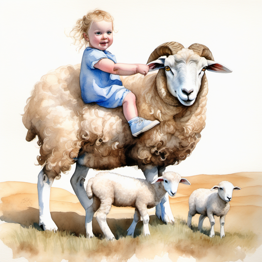 A watercolour painting of beautiful blue eyed baby girl Lillie riding on the back of brown, curly horned, loaghtan sheep