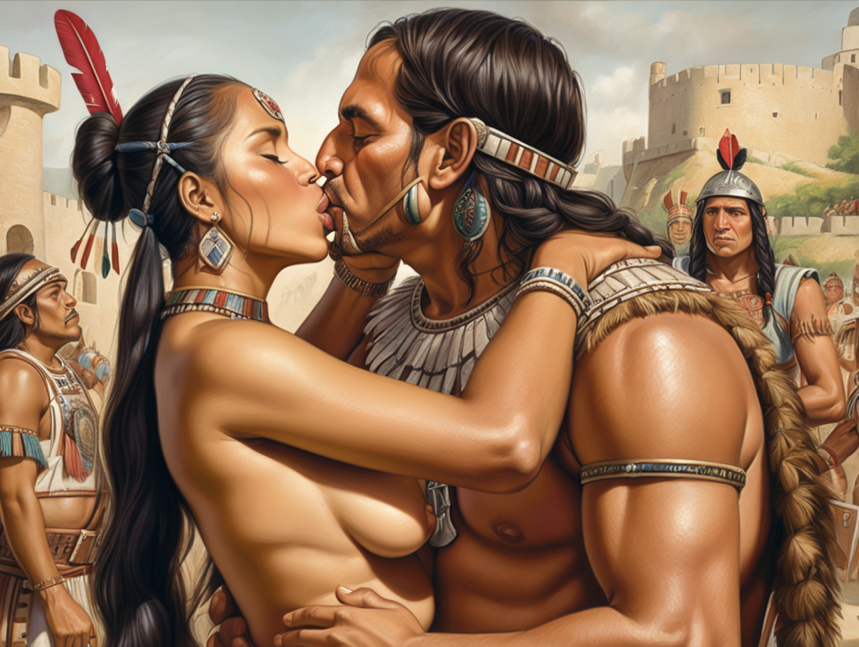 Pizarro the conqueror kisses naked indigenous woman